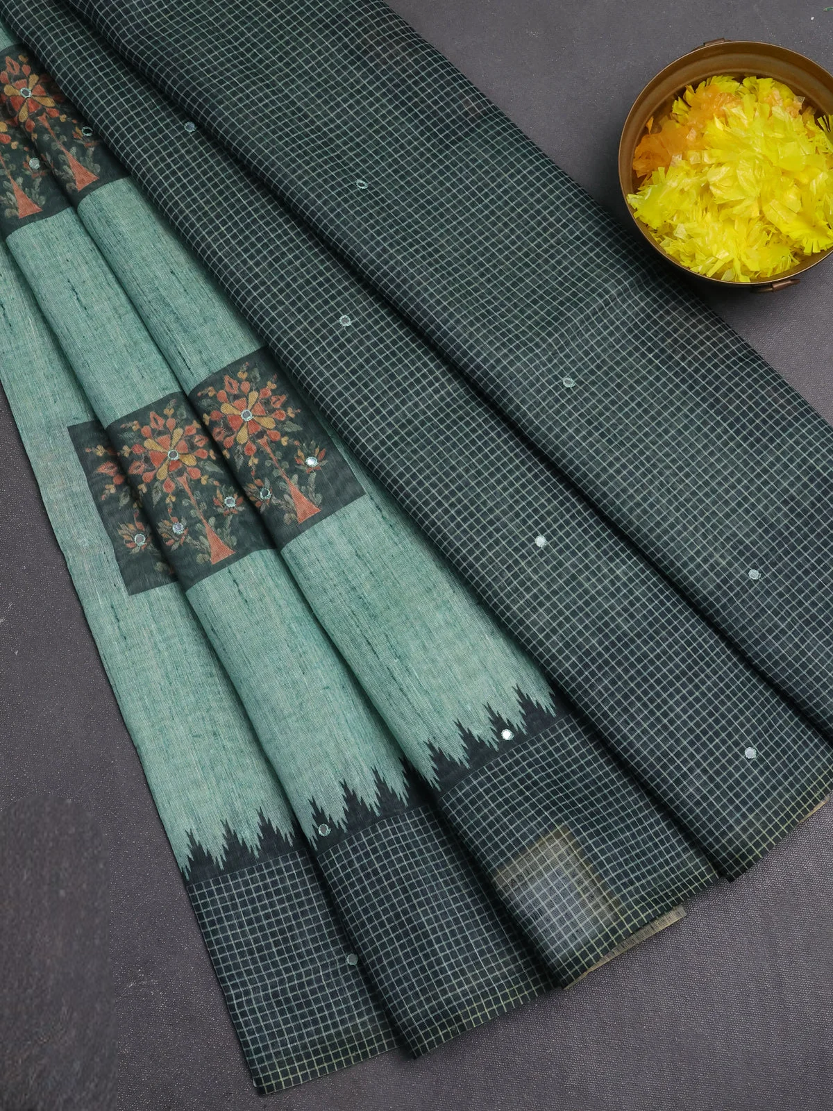 Linen Cotton Saree - Green and Bottle Green